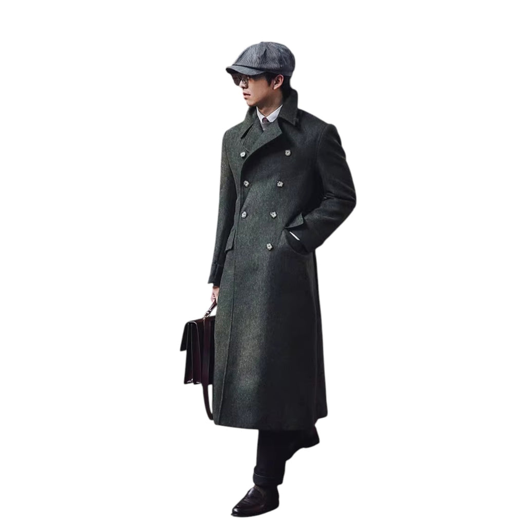 Archer & Vaughn™ Long Wool Overcoat – Double-Breasted Military Polo Coat for Men