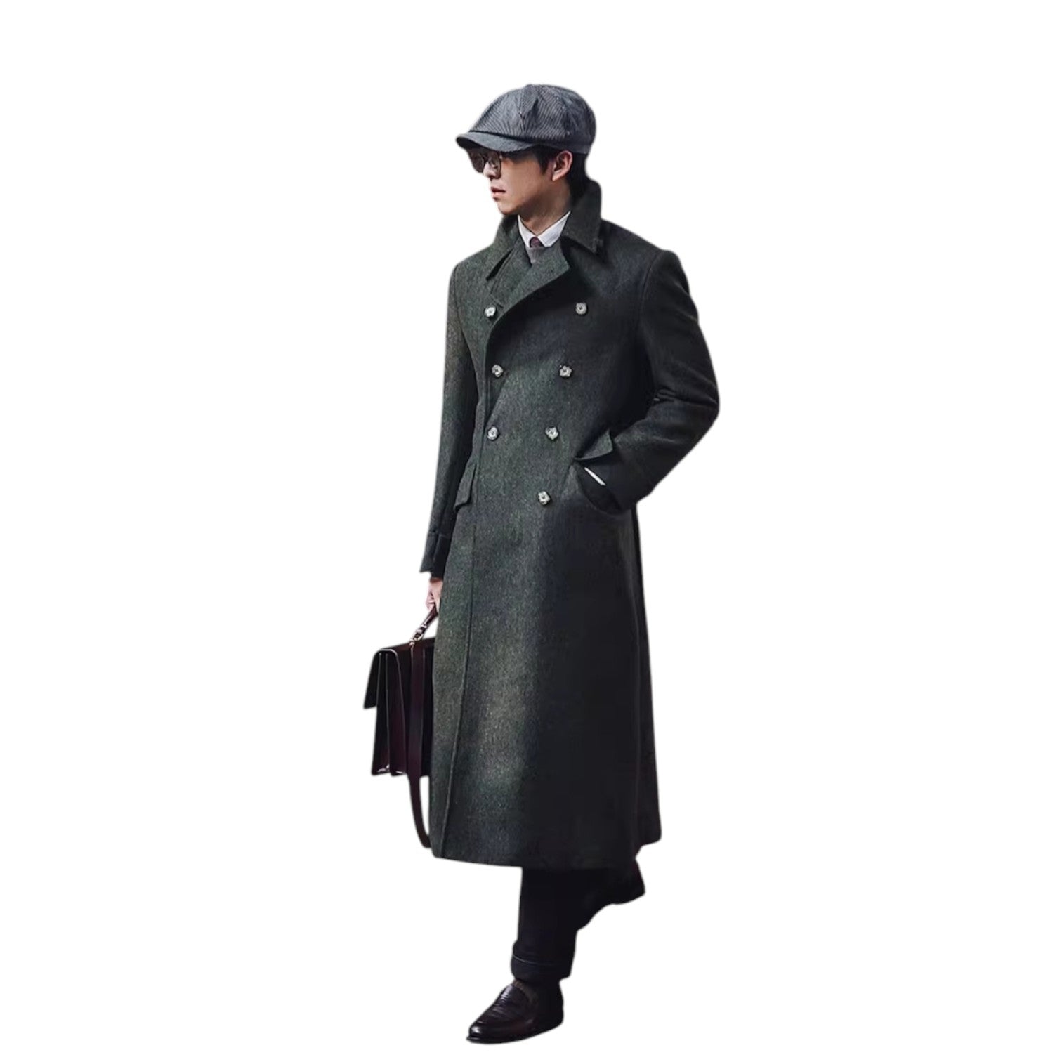 Archer & Vaughn™ Long Wool Overcoat – Double-Breasted Military Polo Coat for Men