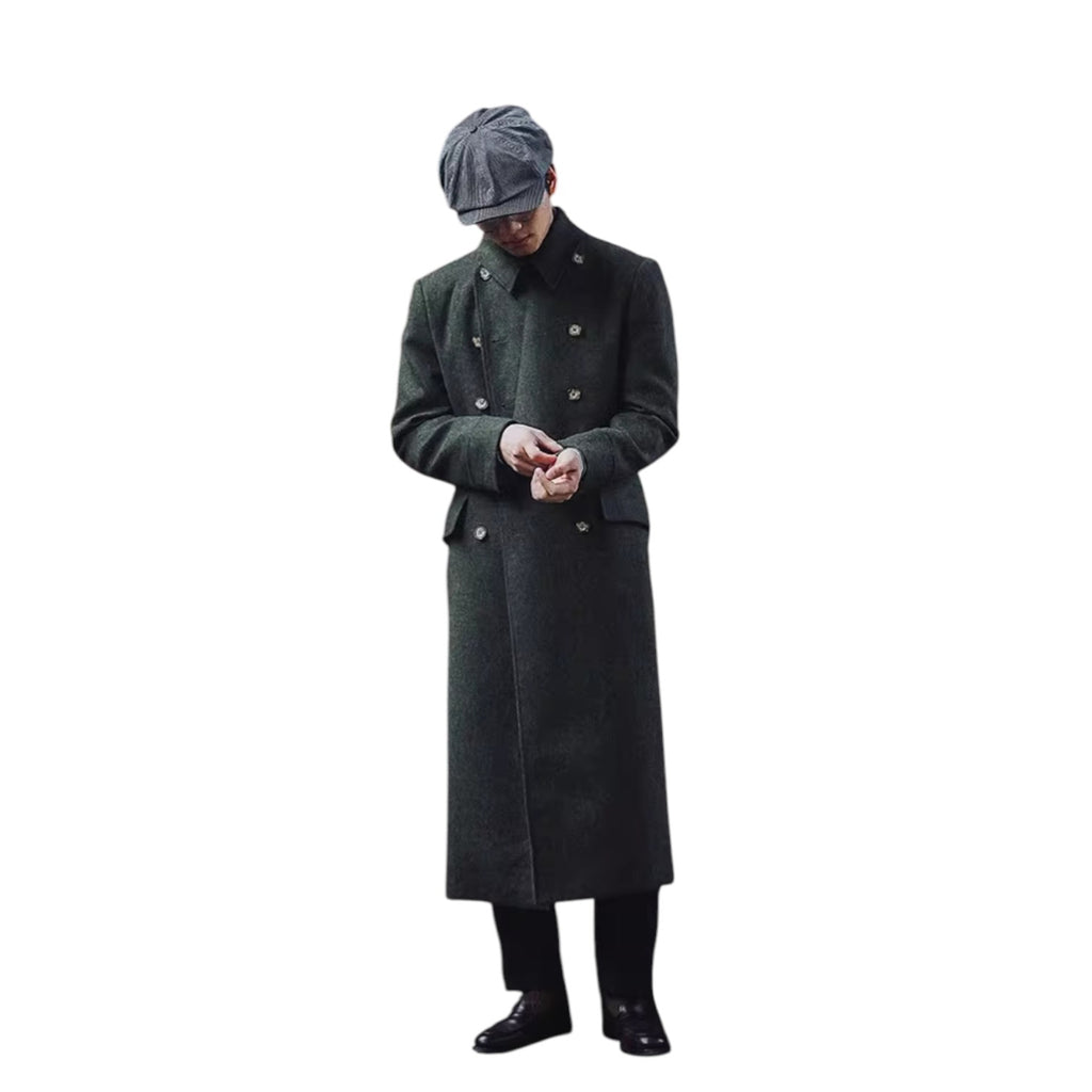 Archer & Vaughn™ Long Wool Overcoat – Double-Breasted Military Polo Coat for Men