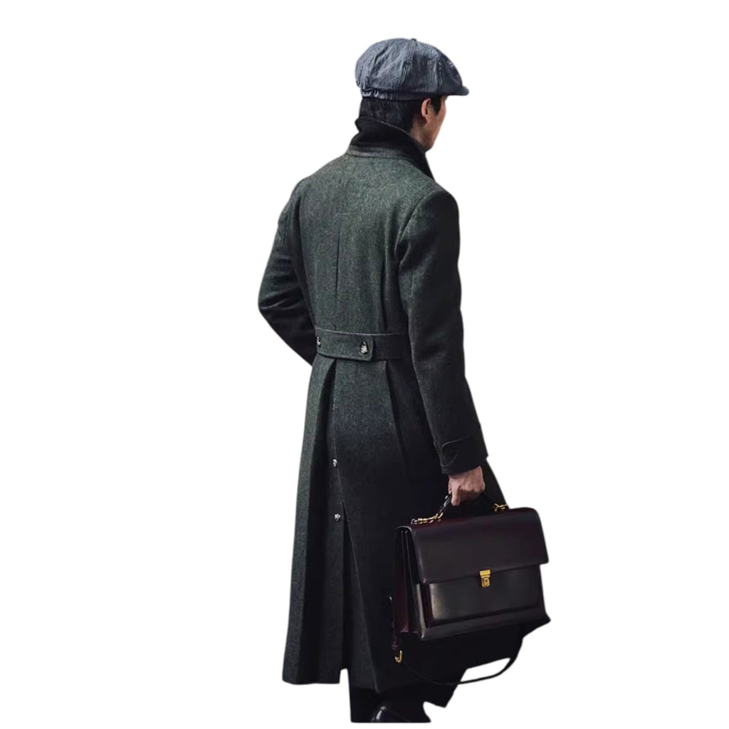 Archer & Vaughn™ Long Wool Overcoat – Double-Breasted Military Polo Coat for Men