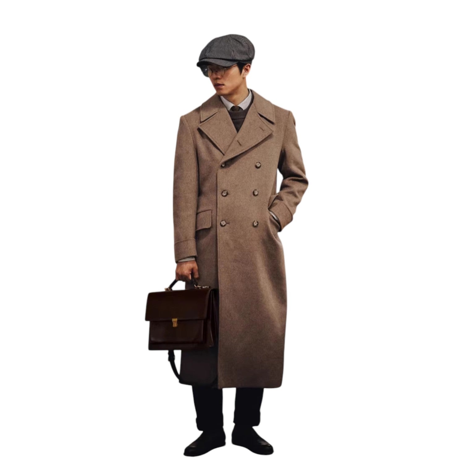 Archer & Vaughn™ Long Wool Overcoat – Double-Breasted Military Polo Coat for Men