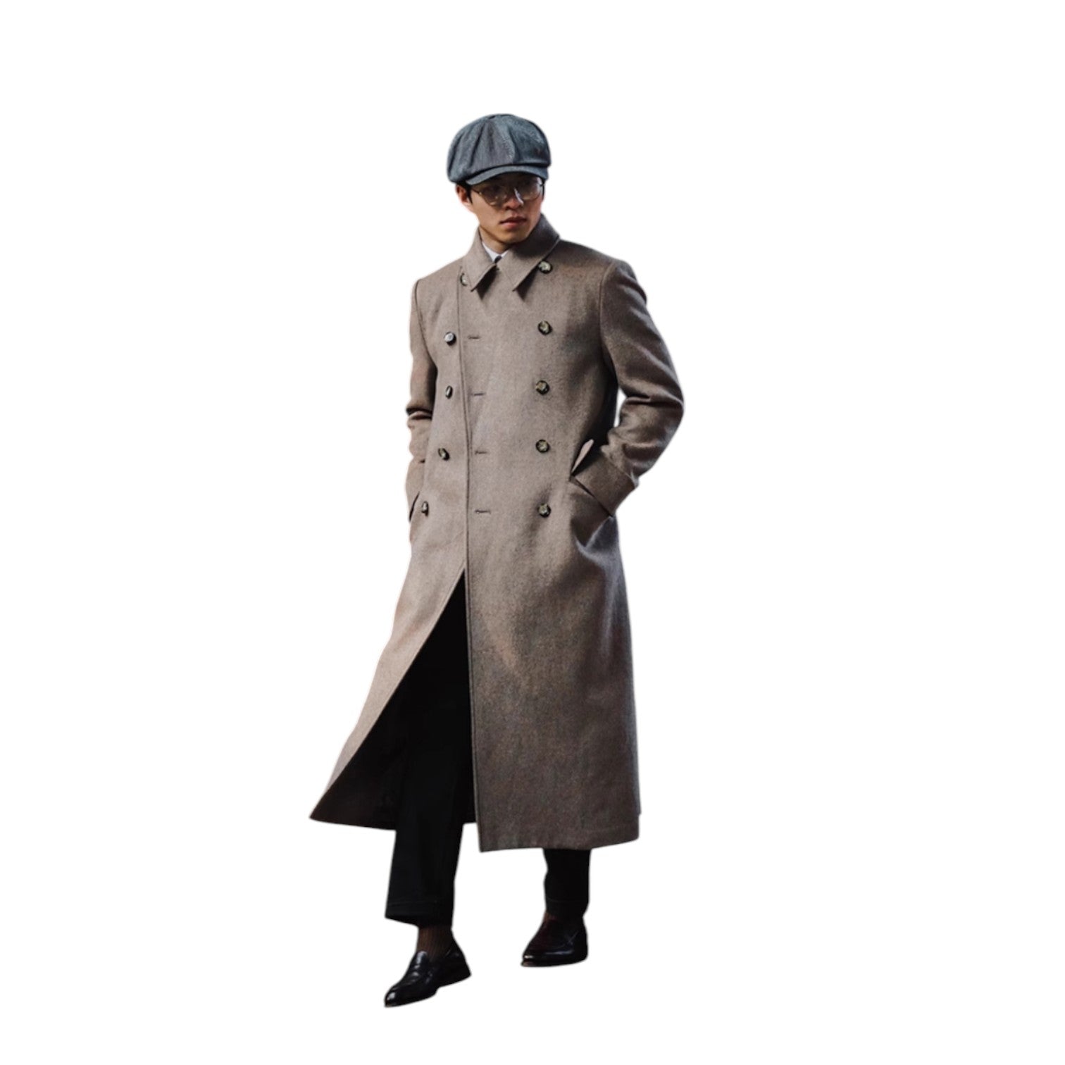 Archer & Vaughn™ Long Wool Overcoat – Double-Breasted Military Polo Coat for Men