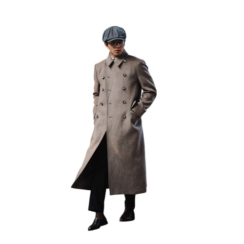 Archer & Vaughn™ Long Wool Overcoat – Double-Breasted Military Polo Coat for Men