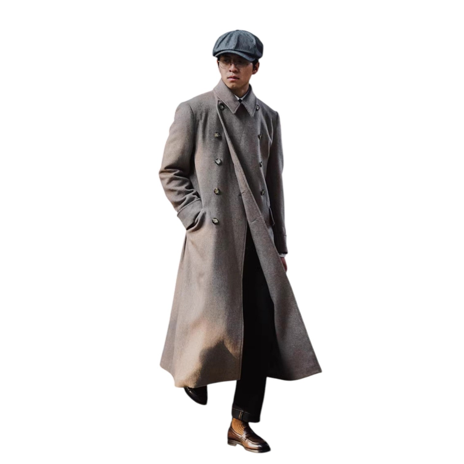 Archer & Vaughn™ Long Wool Overcoat – Double-Breasted Military Polo Coat for Men