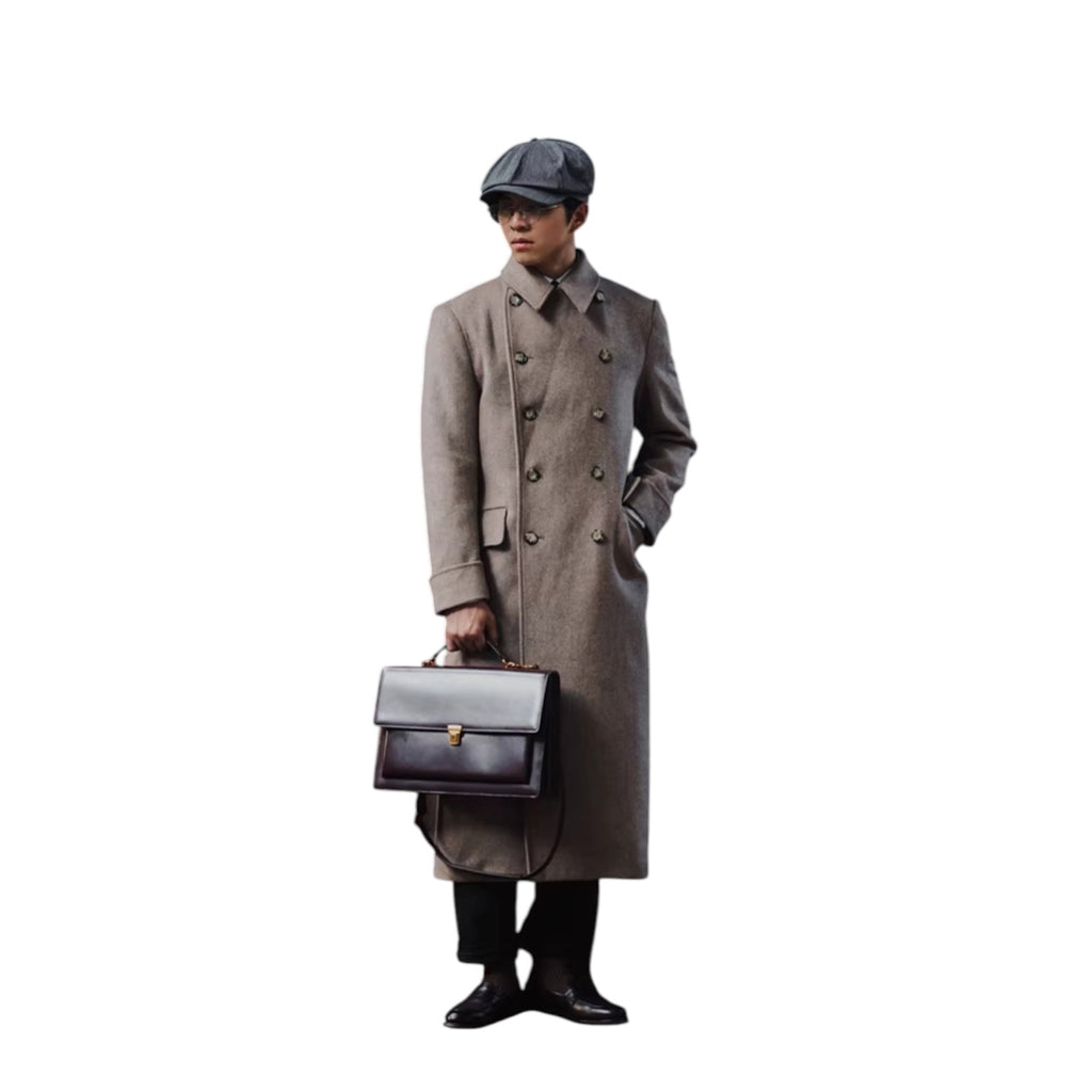 Archer & Vaughn™ Long Wool Overcoat – Double-Breasted Military Polo Coat for Men