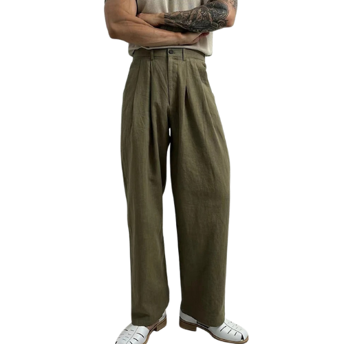 High-Waisted Pleated Linen Trousers