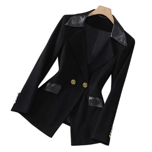 Double-Breasted Blazer with Faux Leather Trim