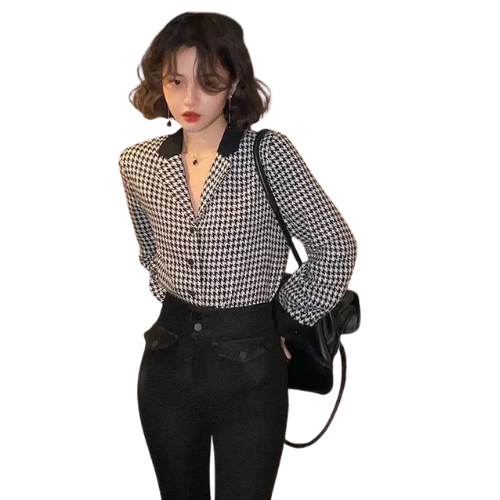 Houndstooth Button-Up Blouse
