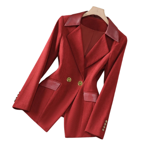 Double-Breasted Blazer with Faux Leather Trim