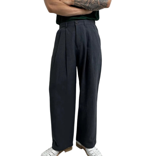 High-Waisted Pleated Linen Trousers
